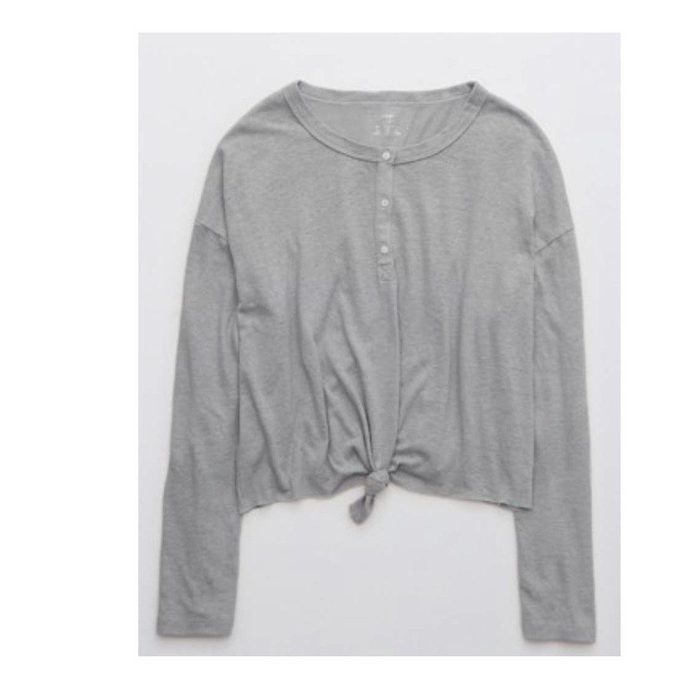 Aerie Gray Breezy Linen Distressed Henley T-Shirt Size XXL